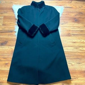 Jones New York Women’s Black Full Length Classic Wool Faux Fur Collar Coat EUC